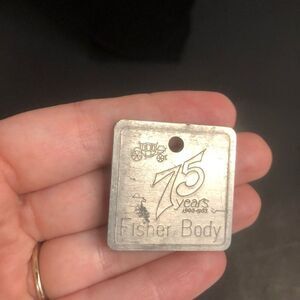1983 gm body by fisher 75th anniversary metal key chain silver tone square 1.25